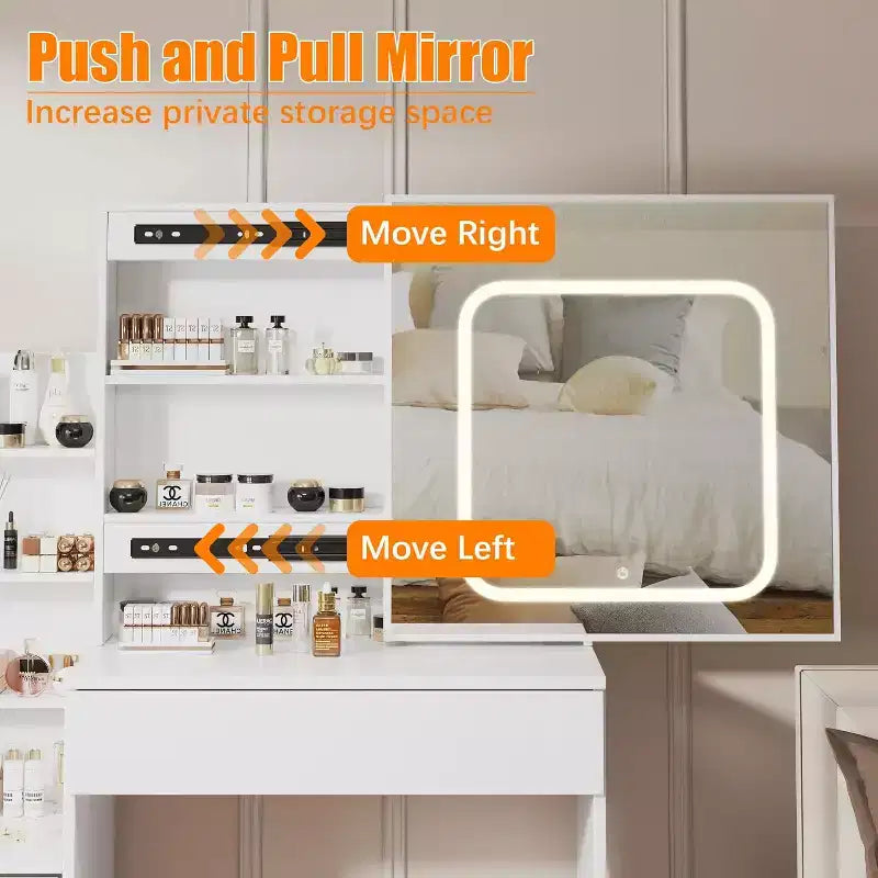 Coiffeuse avec miroir coulissant et lumières, ensemble de coiffeuse avec 4 tiroirs, tabouret, prise de courant, étagères ouvertes, 3 modes d'éclairage réglables en couleur