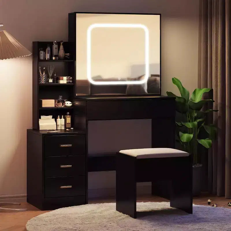 Vanity Desk with Sliding Mirror and Lights, Makeup Vanity Set with 4 Drawers, Stool, Power Outlet, Open Shelves, 3 Color Adjustable Lighting Modes