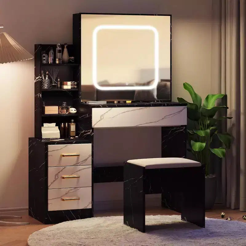 Coiffeuse avec miroir coulissant et lumières, ensemble de coiffeuse avec 4 tiroirs, tabouret, prise de courant, étagères ouvertes, 3 modes d'éclairage réglables en couleur