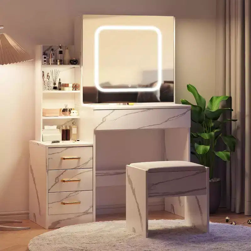 Coiffeuse avec miroir coulissant et lumières, ensemble de coiffeuse avec 4 tiroirs, tabouret, prise de courant, étagères ouvertes, 3 modes d'éclairage réglables en couleur