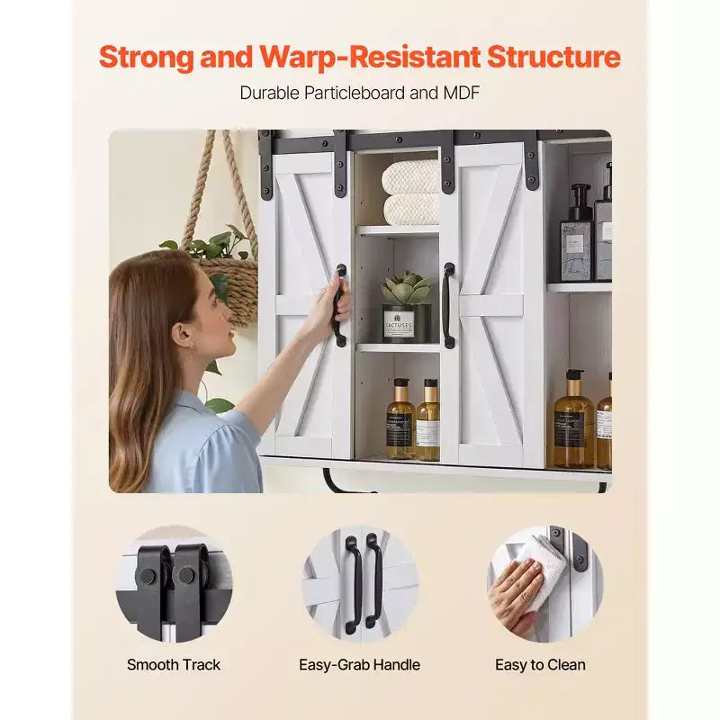 Meuble haut de salle de bain VEVOR, 2 portes et étagère réglable, meuble de rangement mural au-dessus des toilettes/armoire à pharmacie, avec séparation ouverte/porte-serviettes, blanc