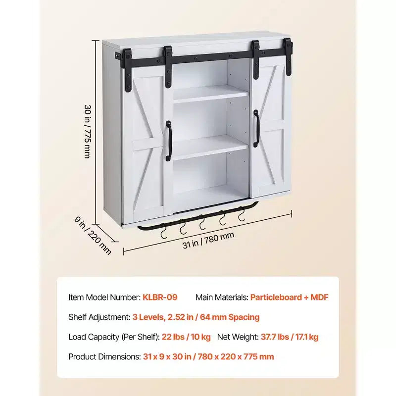 Meuble haut de salle de bain VEVOR, 2 portes et étagère réglable, meuble de rangement mural au-dessus des toilettes/armoire à pharmacie, avec séparation ouverte/porte-serviettes, blanc