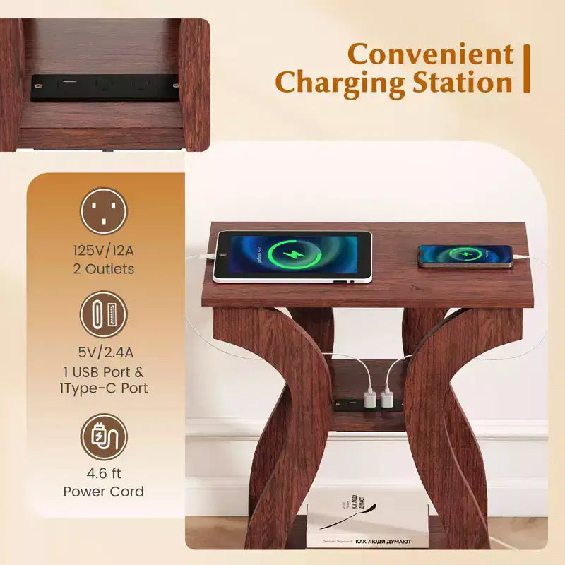 Tables d'appoint Costway avec station de charge, ensemble de 2 tables d'appoint à 3 niveaux avec ports USB et prises