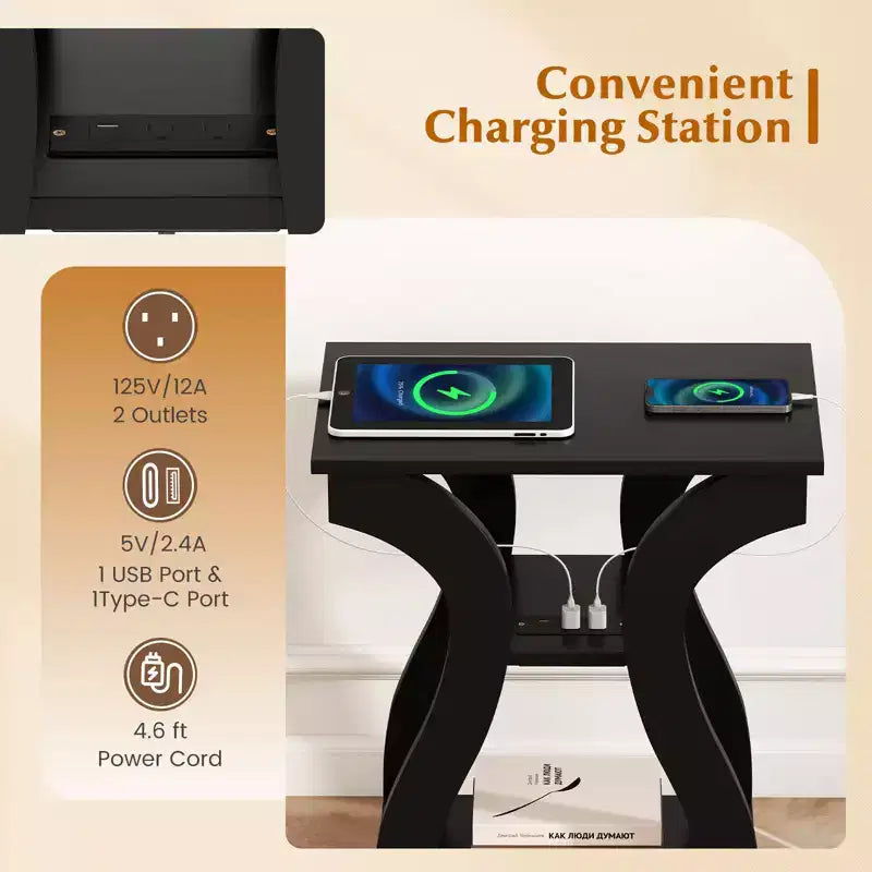 Tables d'appoint Costway avec station de charge, ensemble de 2 tables d'appoint à 3 niveaux avec ports USB et prises