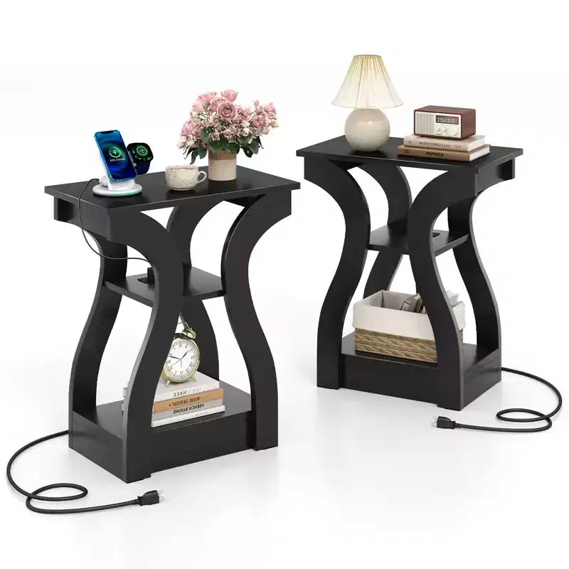 Costway End Tables w/Charging Station Set of 2 3-Tier Side Tables w/USB Ports & Outlets