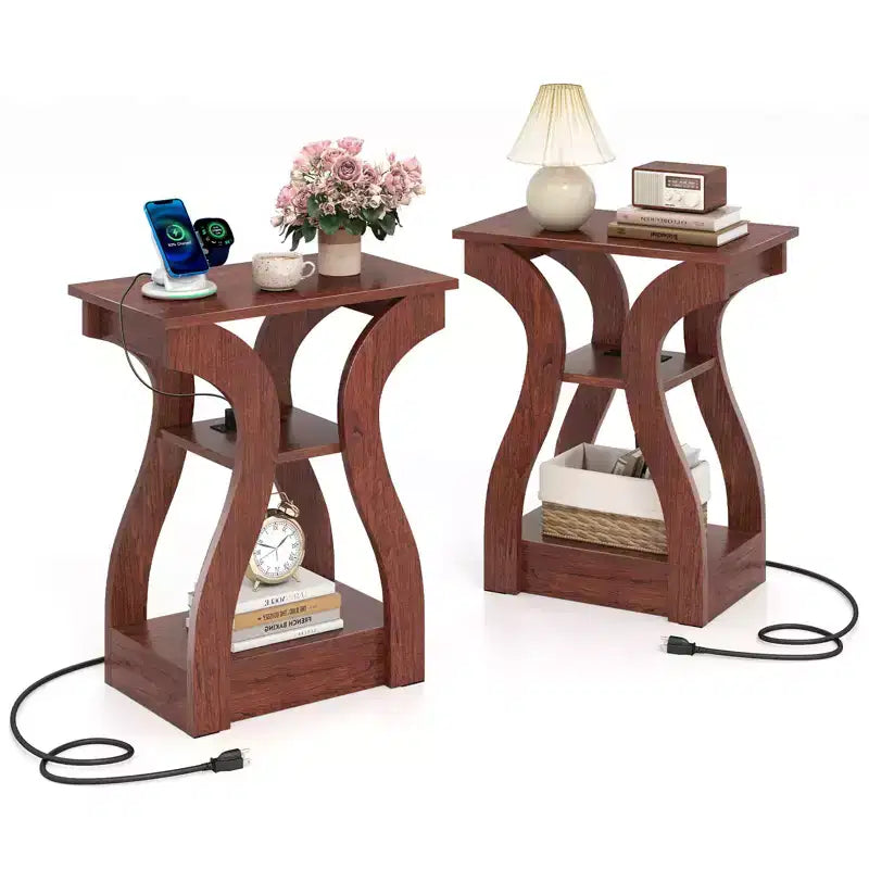 Tables d'appoint Costway avec station de charge, ensemble de 2 tables d'appoint à 3 niveaux avec ports USB et prises