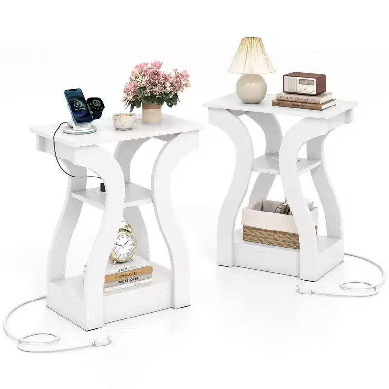 Tables d'appoint Costway avec station de charge, ensemble de 2 tables d'appoint à 3 niveaux avec ports USB et prises