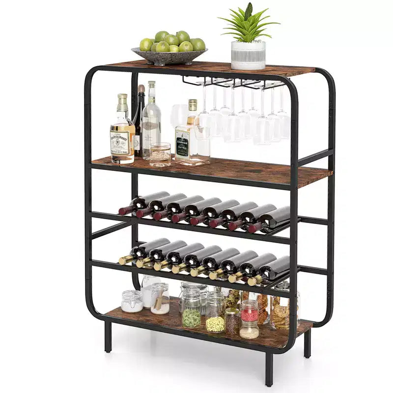 Costway 16 Bottle Drinks Rack w/ Glass Holders Metal Frame Storage Shelf for Kitchen