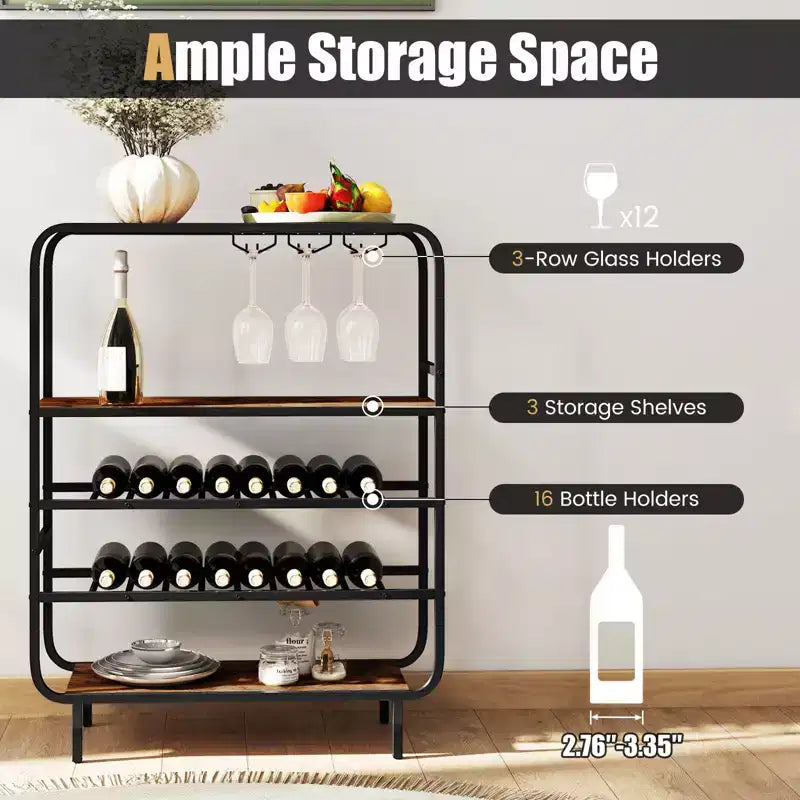 Casier à boissons Costway 16 bouteilles avec porte-verres, étagère de rangement à cadre métallique pour la cuisine