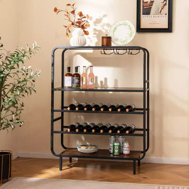 Casier à boissons Costway 16 bouteilles avec porte-verres, étagère de rangement à cadre métallique pour la cuisine