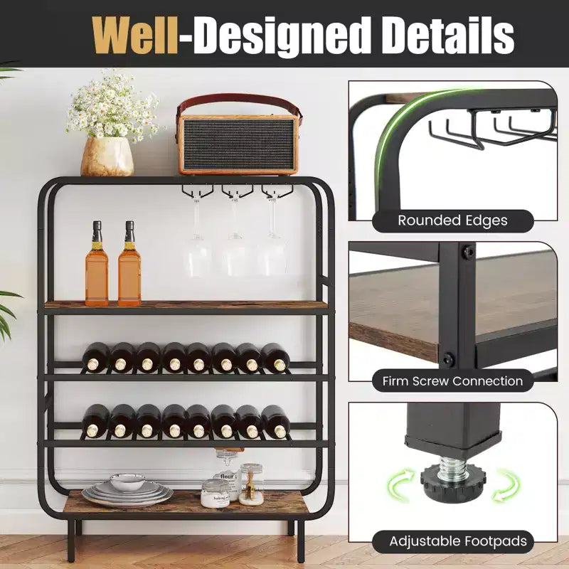 Casier à boissons Costway 16 bouteilles avec porte-verres, étagère de rangement à cadre métallique pour la cuisine