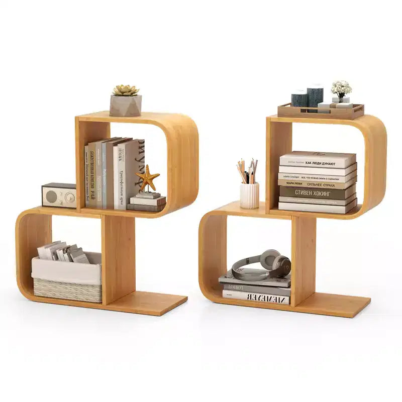 Costway 2PCS Bamboo Geometric Bookshelf 2-Tier S-Shaped Bookcase w/ Anti-tipping Device