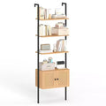 Costway Wall-Mounted Ladder Shelf 5-tier Bookshelf w/ Rattan-Door Cabinet Display Rack