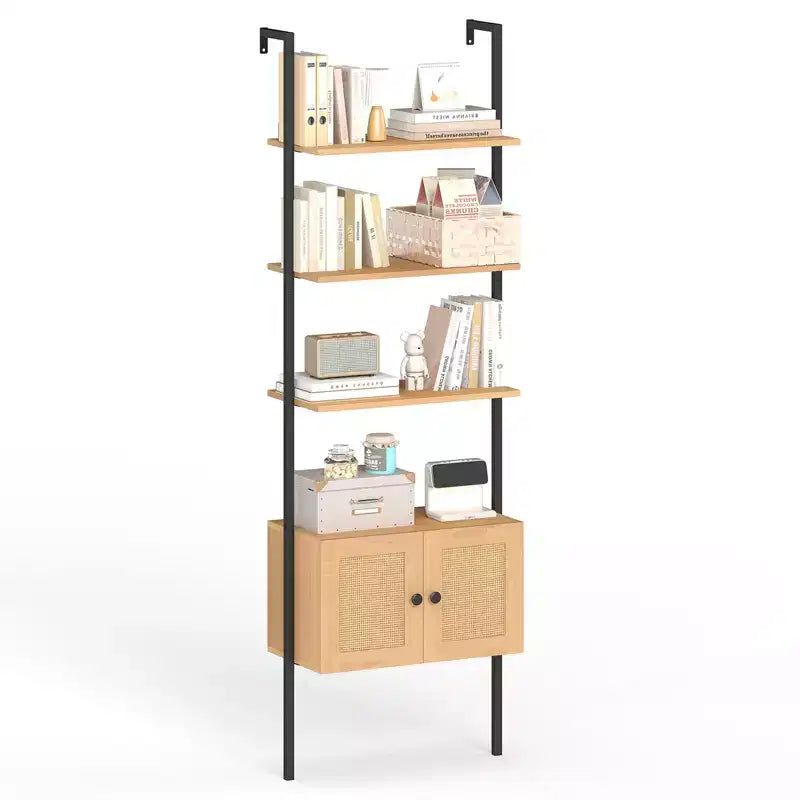 Costway Wall-Mounted Ladder Shelf 5-tier Bookshelf w/ Rattan-Door Cabinet Display Rack