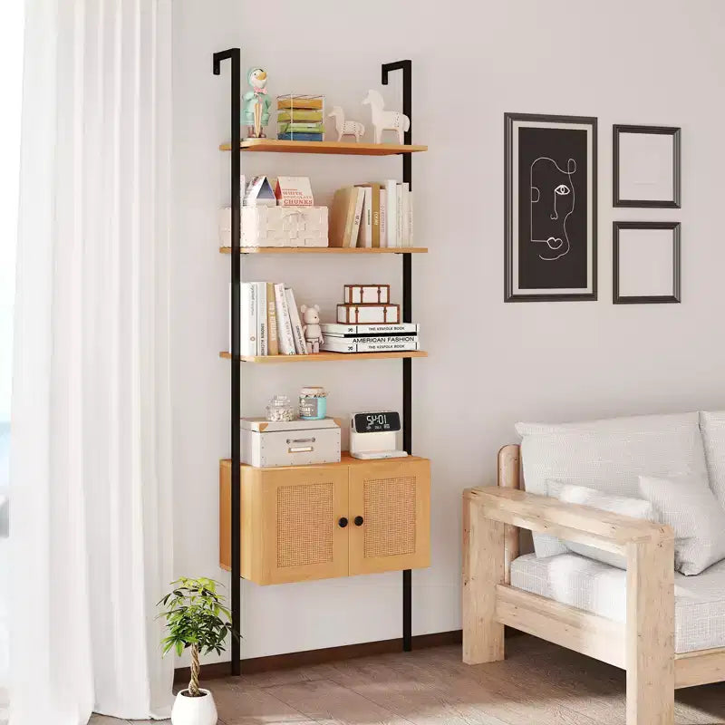 Étagère murale en forme d'échelle Costway, bibliothèque à 5 niveaux avec armoire à porte en rotin et présentoir