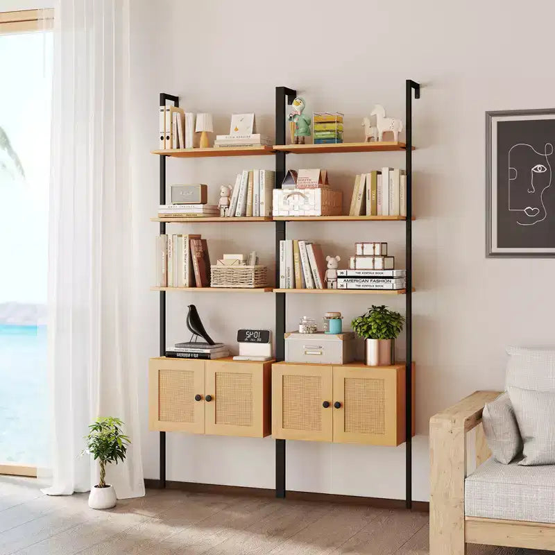 Étagère murale en forme d'échelle Costway, bibliothèque à 5 niveaux avec armoire à porte en rotin et présentoir