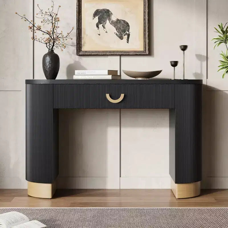 Console moderne avec tiroir de rangement, table d'entrée avec design côtelé vertical et accents dorés pour couloir ou salon - Panipeachy