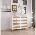 Wood & Rattan 8-Drawer Dresser - White Finish with Rattan Drawer Fronts, Gold Legs & Handles for Bedroom/Storage