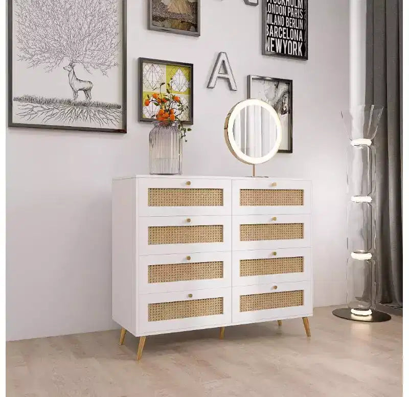 Wood & Rattan 8-Drawer Dresser - White Finish with Rattan Drawer Fronts, Gold Legs & Handles for Bedroom/Storage