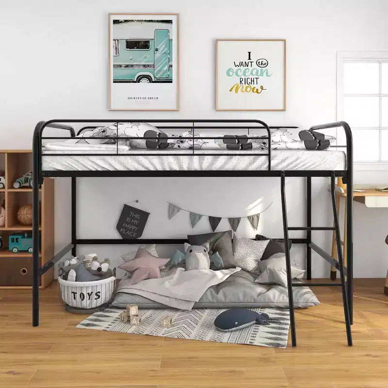 GDFStudio Dorian Modern Metal High Loft Bed Frame with Angled Ladder and Full-Length Guardrails