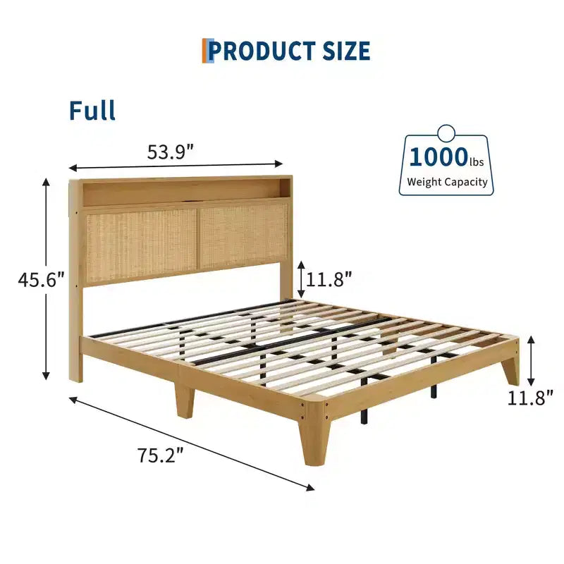 Cadre de lit en rotin, cadre de lit avec tête de lit à 2 niveaux de rangement, support à lattes en bois robustes, rangement sous le lit, aucun sommier tapissier requis