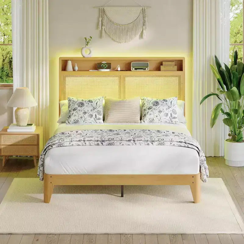 Cadre de lit en rotin, cadre de lit avec tête de lit à 2 niveaux de rangement, support à lattes en bois robustes, rangement sous le lit, aucun sommier tapissier requis