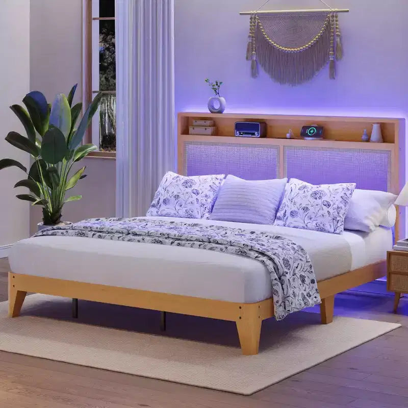 Cadre de lit en rotin, cadre de lit avec tête de lit à 2 niveaux de rangement, support à lattes en bois robustes, rangement sous le lit, aucun sommier tapissier requis