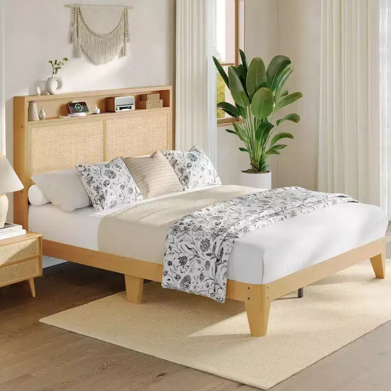 Cadre de lit en rotin, cadre de lit avec tête de lit à 2 niveaux de rangement, support à lattes en bois robustes, rangement sous le lit, aucun sommier tapissier requis
