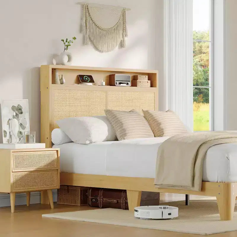Cadre de lit en rotin, cadre de lit avec tête de lit à 2 niveaux de rangement, support à lattes en bois robustes, rangement sous le lit, aucun sommier tapissier requis