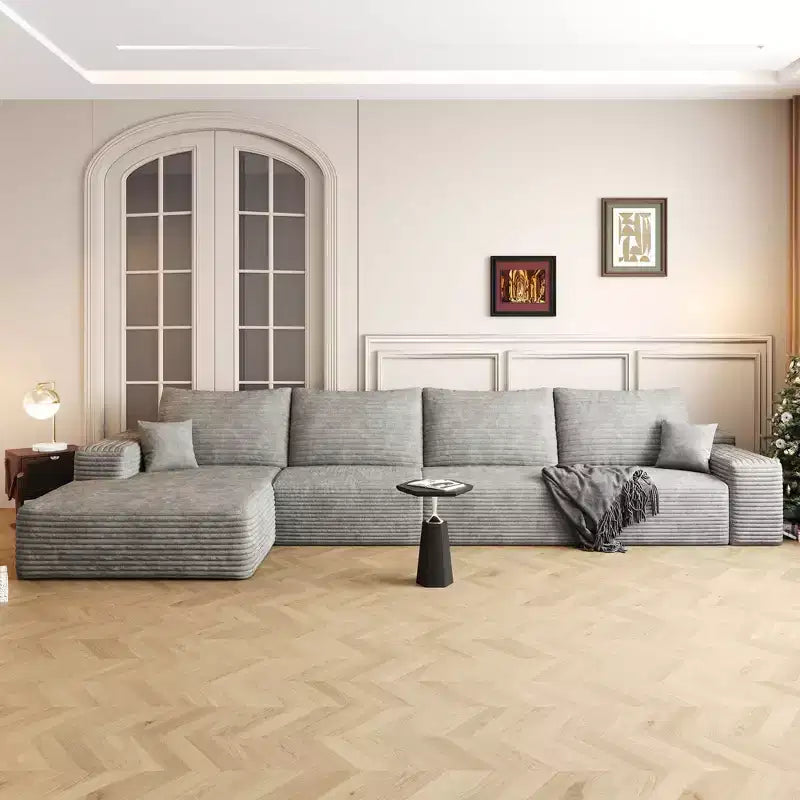 135 Inch Gray Plush Corduroy Fabric Cloud Sectional Couch with L-Shape Chaise Modern Modular Sofa for Living Room Apartment