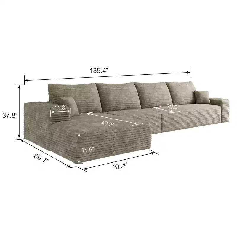 Canapé sectionnel nuage en tissu velours côtelé gris peluche de 135 pouces avec méridienne en forme de L, canapé modulaire moderne pour salon d'appartement