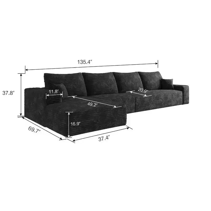 Canapé sectionnel nuage en tissu velours côtelé gris peluche de 135 pouces avec méridienne en forme de L, canapé modulaire moderne pour salon d'appartement