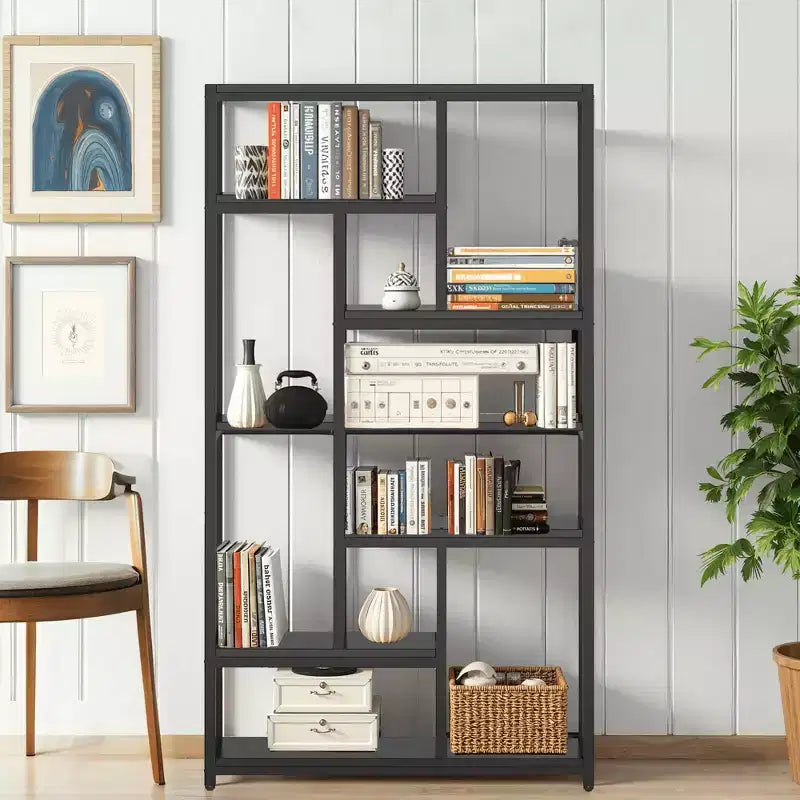 MAYEERTY 10-Tier Staggered Open Bookshelf, Industrial Wood & Metal Tall Bookcase