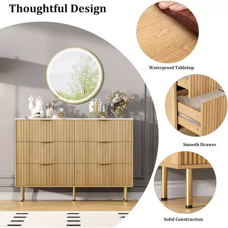 Commode Acekool à 6 tiroirs, buffet cannelé avec poignées, meuble de rangement moderne pour salon