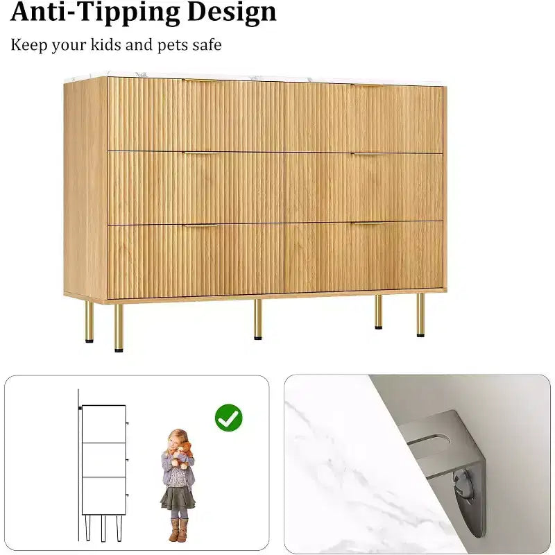 Commode Acekool à 6 tiroirs, buffet cannelé avec poignées, meuble de rangement moderne pour salon