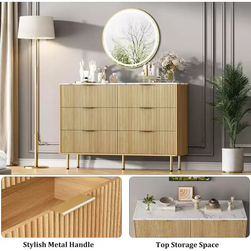 Commode Acekool à 6 tiroirs, buffet cannelé avec poignées, meuble de rangement moderne pour salon