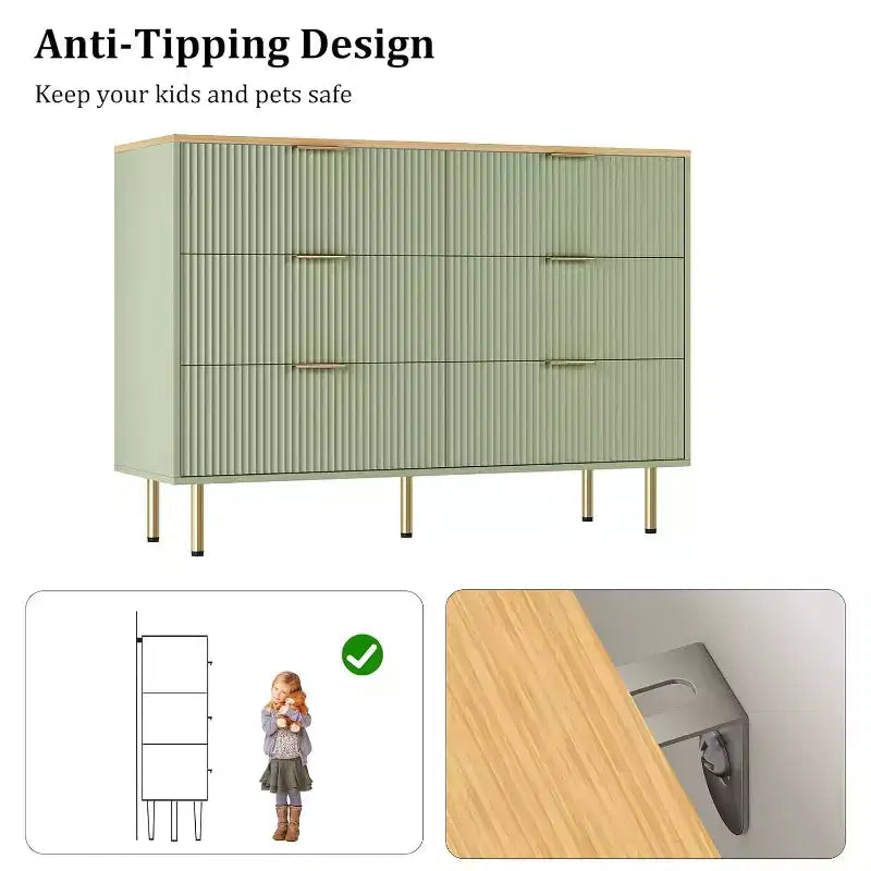 Commode Acekool à 6 tiroirs, buffet cannelé avec poignées, meuble de rangement moderne pour salon