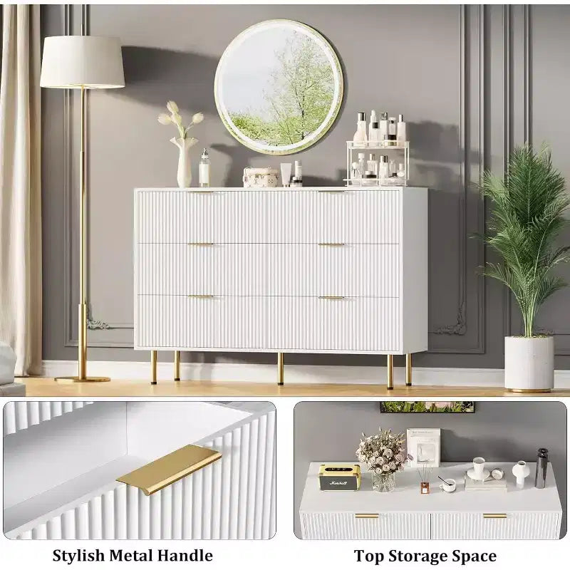 Commode Acekool à 6 tiroirs, buffet cannelé avec poignées, meuble de rangement moderne pour salon