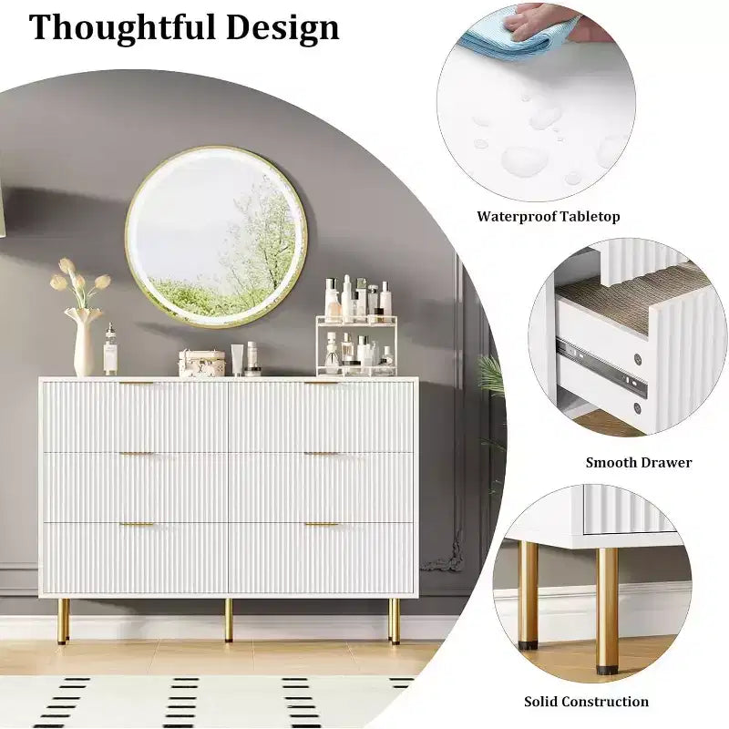 Commode Acekool à 6 tiroirs, buffet cannelé avec poignées, meuble de rangement moderne pour salon