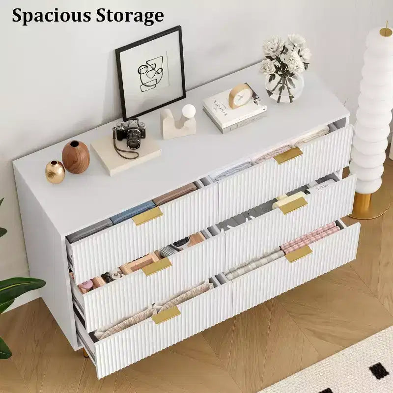 Commode Acekool à 6 tiroirs, buffet cannelé avec poignées, meuble de rangement moderne pour salon