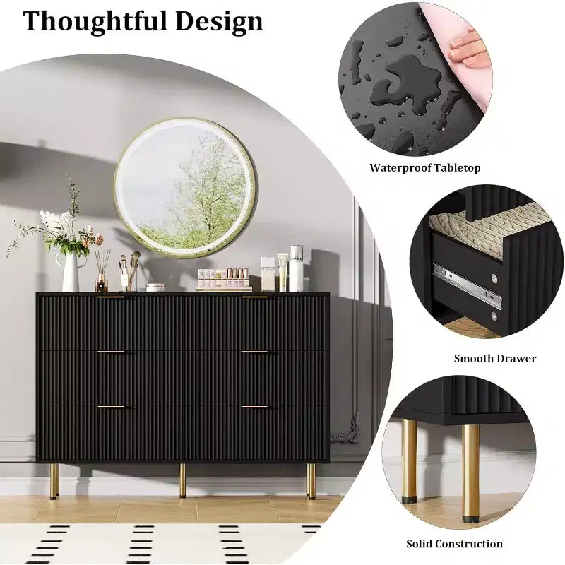 Commode Acekool à 6 tiroirs, buffet cannelé avec poignées, meuble de rangement moderne pour salon
