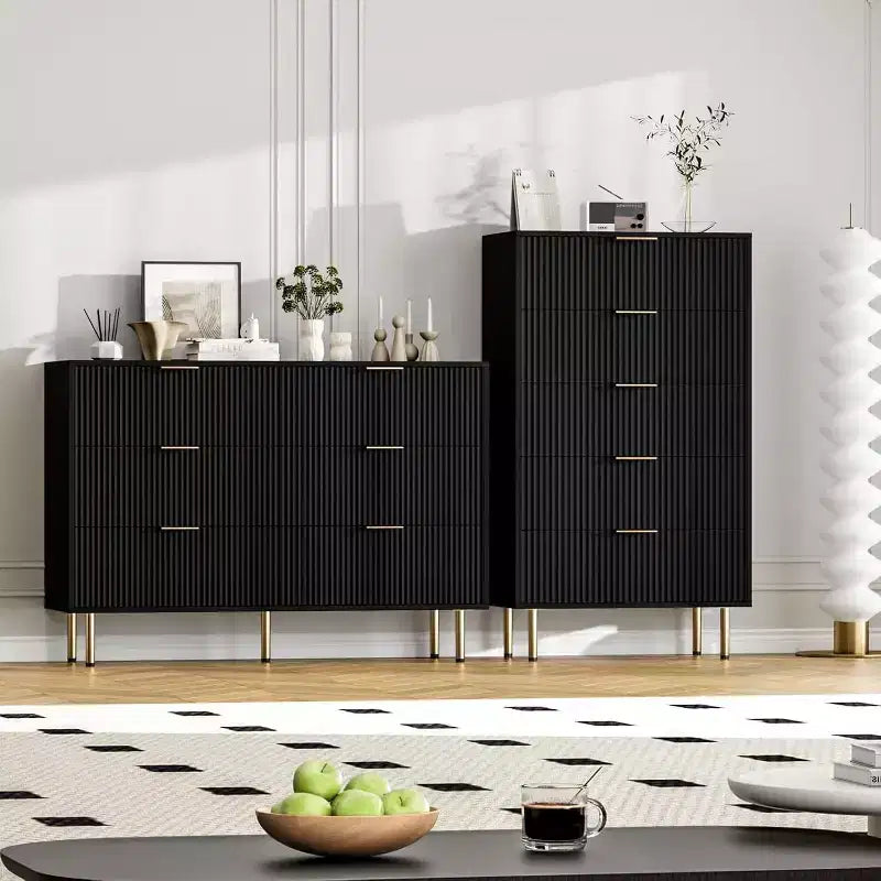 Commode Acekool à 6 tiroirs, buffet cannelé avec poignées, meuble de rangement moderne pour salon