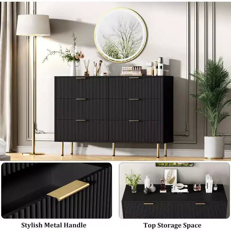 Commode Acekool à 6 tiroirs, buffet cannelé avec poignées, meuble de rangement moderne pour salon
