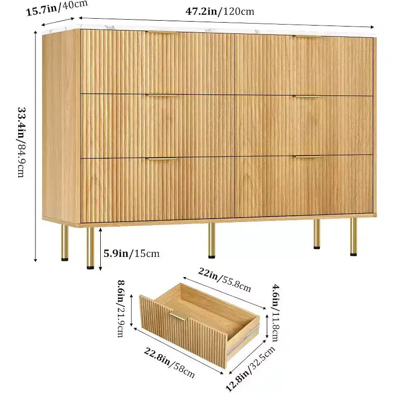 Commode Acekool à 6 tiroirs, buffet cannelé avec poignées, meuble de rangement moderne pour salon