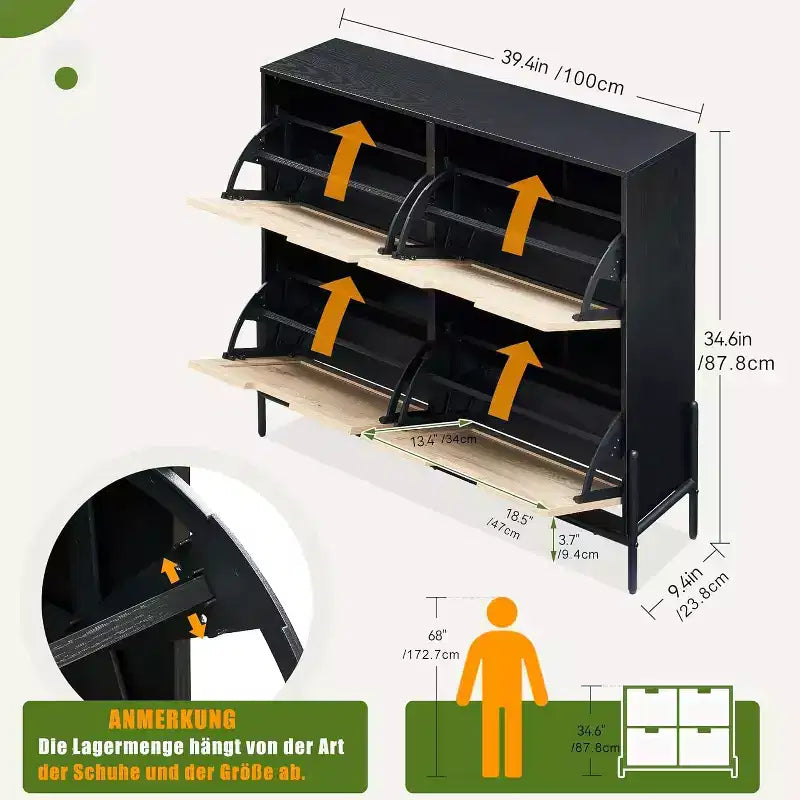 Meuble à chaussures en rotin 39,4 po avec tiroirs abattants, rangement 4 portes avec étagères réglables, peut contenir jusqu'à 20 paires