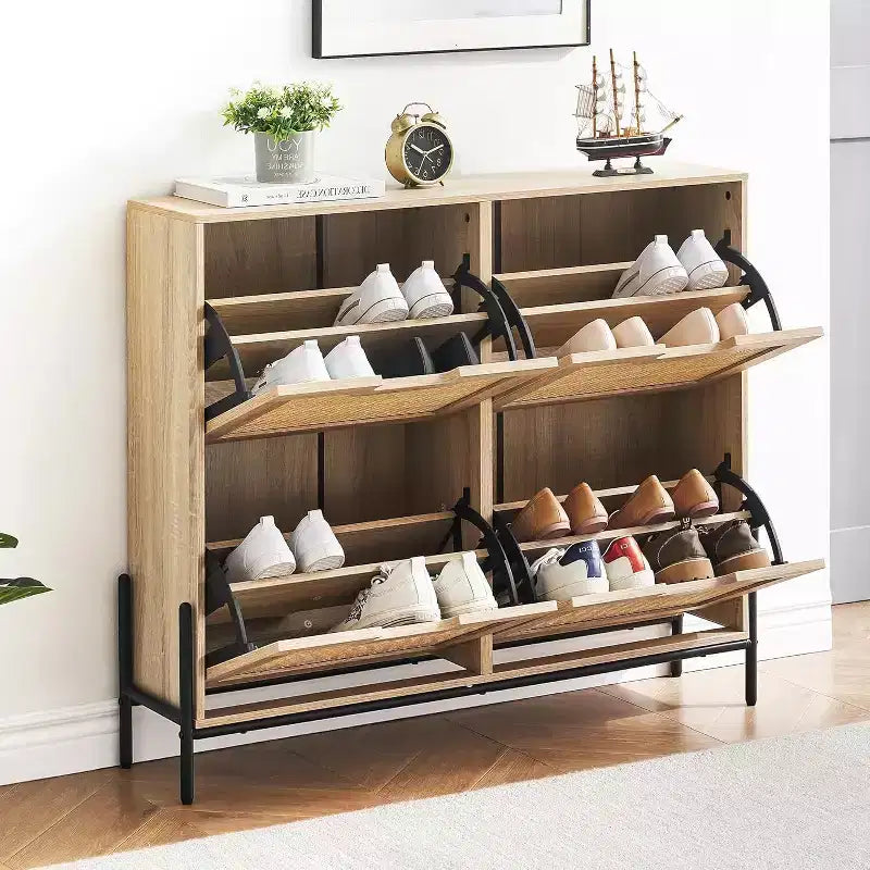 Meuble à chaussures en rotin 39,4 po avec tiroirs abattants, rangement 4 portes avec étagères réglables, peut contenir jusqu'à 20 paires