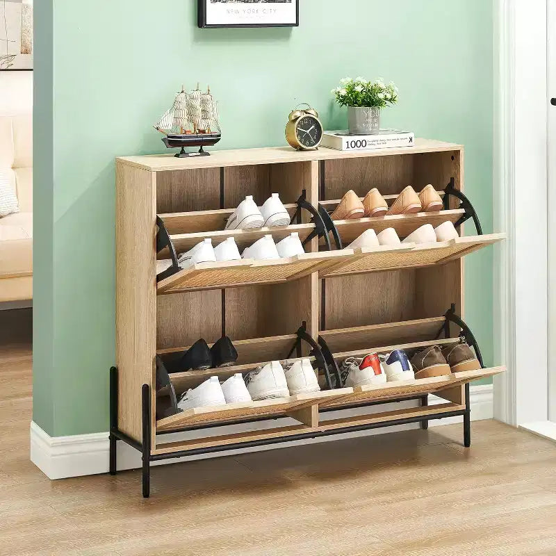 39.4Rattan Shoe Cabinet Organizer with Flip-Drawer Doors, 4-Door Storage with Adjustable Shelves, Holds Up to 20 Pairs