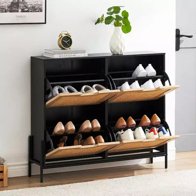 Meuble à chaussures en rotin 39,4 po avec tiroirs abattants, rangement 4 portes avec étagères réglables, peut contenir jusqu'à 20 paires
