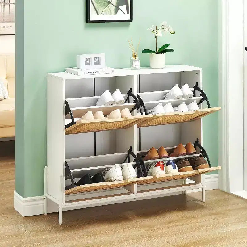 Meuble à chaussures en rotin 39,4 po avec tiroirs abattants, rangement 4 portes avec étagères réglables, peut contenir jusqu'à 20 paires