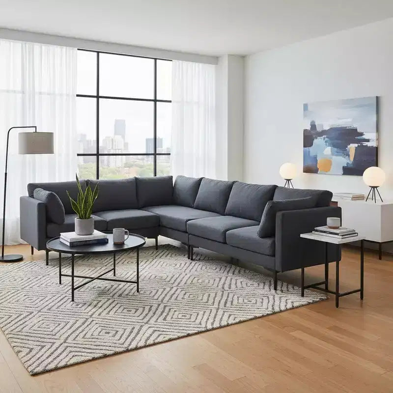 Homy Casa 106 L-Shaped Sectional Sofa, 6-Seat Modern Linen Fabric Couch with Metal Legs and 2 Pillows, Corner Living Room Seating, Dark Gray